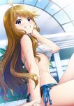  1girl absurdres ahoge bikini blush breasts brown_hair eyebrows_visible_through_hair highres idolmaster idolmaster_million_live! idolmaster_million_live!_theater_days long_hair looking_at_viewer medium_breasts mikapoe pool poolside sideboob sitting smile solo swimsuit tokoro_megumi wet window 