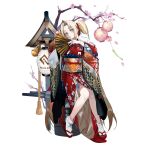  1girl admiral_hipper_(black_surge_night) animal animal_on_shoulder black_surge_night blonde_hair blue_eyes branch cat cat_on_shoulder cherry_blossoms closed_mouth fan folding_fan holding holding_fan japanese_clothes kimono lantern long_hair long_sleeves looking_at_viewer nail_polish obi official_alternate_costume official_art ran_(bukeranwu) red_nails sandals sash sitting tabi transparent_background twintails wide_sleeves 