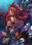  1girl bangs breasts dragalia_lost dragalinuka highres large_breasts long_hair looking_at_viewer looking_back mym_(dragalia_lost) official_alternate_costume red_eyes red_nails redhead swimsuit underwater very_long_hair 