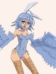  1girl ahoge animal_ears bangs bare_shoulders beige_background bird_legs blue_feathers blue_hair blue_leotard blue_wings breasts commentary covered_navel donquiyume english_commentary eyebrows_visible_through_hair fake_animal_ears feathered_wings feathers hair_between_eyes harpy headband highres leotard monster_girl monster_musume_no_iru_nichijou navel open_mouth papi_(monster_musume) rabbit_ears shadow short_hair simple_background small_breasts smile solo talons winged_arms wings wrist_cuffs yellow_eyes 