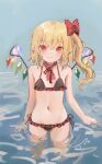  1girl bangs bare_shoulders bikini blue_background blush bow breasts caustics cowboy_shot crystal eyebrows_visible_through_hair fang flandre_scarlet hair_between_eyes hair_bow highres light_smile looking_at_viewer medium_hair navel no_hat no_headwear one_side_up pointy_ears red_bow red_eyes red_neckwear reddizen simple_background skin_fang small_breasts solo swimsuit touhou wading wings 
