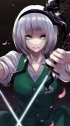  1girl arms_up bangs black_background black_hairband breasts buttons collar dress ghost_print green_dress green_eyes hairband hands_up katana konpaku_youmu looking_at_viewer medium_breasts petals puffy_short_sleeves puffy_sleeves re_(re_09) short_hair short_sleeves silver_hair solo sword teeth touhou weapon white_collar white_sleeves 