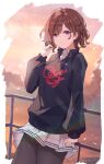  1girl brown_hair closed_mouth floating_hair hair_ornament hairclip highres higuchi_madoka hood hoodie idolmaster idolmaster_shiny_colors long_sleeves looking_at_viewer outdoors pantyhose serika shirt short_hair skirt solo sunset violet_eyes 