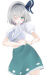  1girl 258n bangs blue_hairband bob_cut eyebrows_visible_through_hair green_eyes green_skirt hair_ribbon hairband highres konpaku_youmu one_eye_closed ribbon shirt short_hair short_sleeves simple_background skirt solo touhou white_background white_hair white_shirt 