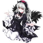  1girl breasts dress frilled_dress frilled_sleeves frills gothic_lolita grin highres lolita_fashion medium_breasts pan-ooh red_eyes rozen_maiden silver_hair smile solo suigintou 