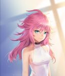  1girl :3 bangs bare_shoulders blue_eyes breasts dress hair_between_eyes highres honkai_(series) honkai_impact_3rd lianzirong long_hair looking_at_viewer messy_hair pink_hair sideboob sleeveless smile solo white_dress yae_sakura 