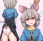  1girl animal_ears ass bangs blush capelet cat_ears cat_tail clothes_lift commentary_request disembodied_limb eyebrows_visible_through_hair fangs flying_sweatdrops from_behind grey_background hair_between_eyes highres long_sleeves mouse_ears nazrin open_mouth outline panties pink_panties red_eyes short_hair siw0n skirt skirt_lift standing sweatdrop tail touhou underwear white_outline 