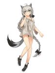  1girl absurdres ahoge alternate_costume alternate_hair_color alternate_hairstyle animal_ears aqua_eyes black_bow bow dated fox_ears fox_girl fox_tail full_body grey_hair hair_bow hand_on_own_cheek hand_on_own_face highres hololive jushoro long_braid long_hair long_shirt looking_at_viewer no_pants off-shoulder_shirt off_shoulder shirakami_fubuki shirt shoes signature sneakers solo tail twintails very_long_hair 