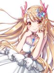  1girl antlers bangs bare_arms blonde_hair blush breasts brown_eyes dress eyebrows_visible_through_hair gem hair_ornament indie_virtual_youtuber jewelry locome long_hair looking_at_viewer medium_breasts necklace ro_(igris-geo) smile solo strapless strapless_dress transparent_background virtual_youtuber white_dress 