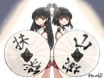  2girls bangs black_hair blush character_name eyebrows_visible_through_hair fusou_(kancolle) hair_ornament headgear holding holding_umbrella japanese_clothes kantai_collection long_hair multiple_girls oil-paper_umbrella petals pleated_skirt red_eyes red_skirt rin_(rin_niji) short_hair simple_background skirt smile twitter_username umbrella yamashiro_(kancolle) 