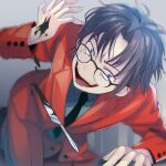  1boy :d black_blood black_neckwear bleeding blood blue_eyes brown_hair formal glasses hair_intakes indoors kitahushi leaning_forward long_sleeves looking_at_viewer necktie on_floor open_mouth original red_suit scalpel short_hair smile solo suit tearing_up teeth 