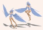  1girl ahoge animal_ears bangs bare_shoulders beige_background bird_legs blue_feathers blue_hair blue_leotard blue_wings breasts commentary covered_navel donquiyume english_commentary eyebrows_visible_through_hair fake_animal_ears feathered_wings feathers hair_between_eyes harpy headband highres leotard monster_girl monster_musume_no_iru_nichijou navel open_mouth papi_(monster_musume) rabbit_ears shadow short_hair simple_background small_breasts smile talons winged_arms wings wrist_cuffs yellow_eyes 