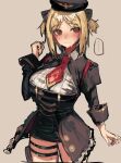  1girl absurdres akitaka_takaaki blonde_hair blush breasts brown_eyes girls_frontline highres large_breasts mp40_(girls_frontline) official_alternate_costume solo sweat sweating_profusely thigh_strap undersized_clothes 