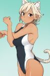  1girl animal_ears bangs black_swimsuit blonde_hair blush brown_eyes cat_ears cat_girl cat_tail closed_mouth competition_swimsuit cowboy_shot gradient gradient_background green_background kr_ohoshisama looking_at_viewer one-piece_swimsuit original short_hair solo standing stretch swimsuit tail wet 