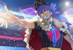  1boy bangs baseball_cap blurry cape champion_uniform commentary_request dark-skinned_male dark_skin facial_hair fur-trimmed_cape fur_trim grin hat highres leon_(pokemon) light long_hair male_focus nomeringo outstretched_arm pokemon pokemon_(game) pokemon_swsh purple_hair red_cape shield_print shirt short_sleeves smile solo spread_fingers stadium sword_print teeth wristband yellow_eyes 