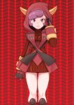  1girl arm_at_side bangs boots breasts brown_dress closed_mouth commentary_request courtney_(pokemon) dress eyelashes fake_horns gloves hand_up hood hood_up horns knees looking_at_viewer pokemon pokemon_(game) pokemon_oras purple_hair red_footwear red_gloves ribbed_dress ryuntack short_dress short_hair solo sweater sweater_dress team_magma team_magma_uniform violet_eyes 