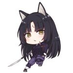  animal_ears arknights bangs black_gloves black_hair black_kimono blush brown_eyes chibi dog_ears eyebrows_visible_through_hair facial_mark fingerless_gloves forehead_mark full_body gloves holding holding_weapon japanese_clothes kimono long_hair long_sleeves looking_at_viewer mango_(mgo) mismatched_gloves naginata pants parted_bangs parted_lips polearm puffy_pants purple_gloves purple_pants saga_(arknights) simple_background socks standing standing_on_one_leg very_long_hair weapon white_background white_legwear wide_sleeves 