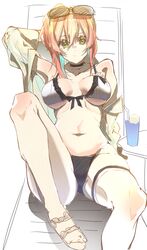 1girl bikini breasts closed_mouth collarbone e_sky_rugo eyebrows_visible_through_hair eyewear_on_head girls_frontline green_eyes hand_on_back hand_on_head highres long_hair looking_at_viewer lying medium_breasts on_back orange_hair r93_(girls_frontline) sandals simple_background solo swimsuit white_bikini white_swimsuit