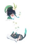  1boy ^^^ alicesee androgynous animal animification bangs beret black_hair blue_hair braid cat chinese_text closed_eyes commentary_request flower frilled_sleeves frills genshin_impact gradient_hair green_headwear hat highres leaf long_sleeves male_focus multicolored_hair short_hair_with_long_locks sidelocks simple_background sneezing translation_request twin_braids venti_(genshin_impact) white_background white_flower xiao_(genshin_impact) 