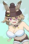  1girl alternate_costume althemia animal_ears bangs blonde_hair breasts dragalia_lost eyebrows_visible_through_hair highres large_breasts looking_at_viewer open_mouth rabbit_ears red_eyes short_hair shorts tekutekudays 