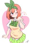  1girl bangs blue_eyes blush bow breasts closed_mouth collared_shirt english_text eyebrows_behind_hair go-toubun_no_hanayome green_bow green_ribbon green_skirt hair_between_eyes hair_ribbon hand_up heart highres kujou_karasuma medium_breasts nakano_yotsuba one_eye_closed orange_hair pleated_skirt ribbon shirt short_sleeves signature skirt solo sweater_vest white_background white_shirt 