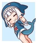  1girl animal_hood blue_background blue_hair blue_hoodie blush chibi closed_eyes closed_mouth dutch_angle facing_viewer fang fang_out fish_tail gawr_gura hana_kazari hands_up highres hololive hololive_english hood hood_up hoodie multicolored_hair paw_pose shark_hood shark_tail short_sleeves solo streaked_hair tail two-tone_background white_background white_hair wide_sleeves 