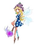  1girl american_flag_legwear american_flag_shirt bangs blonde_hair blue_pants blue_shirt blue_sleeves brown_footwear closed_mouth clownpiece eyebrows_visible_through_hair fairy_wings fire flying hair_between_eyes hat highres hiroshige_36 jester_cap long_hair looking_at_viewer multicolored multicolored_clothes multicolored_pants multicolored_shirt pants purple_fire purple_headwear red_eyes red_pants red_shirt shirt shoes short_sleeves simple_background solo star_(symbol) star_print striped striped_legwear striped_shirt torch touhou white_background wings 