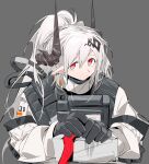  1girl arknights black_gloves black_horns cable chinese_commentary closed_mouth commentary_request ear_piercing eyebrows_visible_through_hair gloves grey_background hair_ornament highres horns infection_monitor_(arknights) jumpsuit ling_s long_hair long_sleeves looking_at_viewer mudrock_(arknights) piercing pointy_ears ponytail red_eyes simple_background solo upper_body white_hair white_jumpsuit 