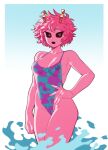  1girl ashido_mina black_sclera boku_no_hero_academia colored_sclera colored_skin highres horns looking_at_viewer open_mouth pink_hair pink_skin short_hair simple_background solo suoiresnu swimsuit water yellow_eyes 