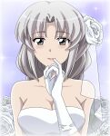  1girl bangs bare_shoulders blush braid breasts bride closed_mouth dress eyebrows_visible_through_hair flower gloves grey_eyes hair_flower hair_ornament hand_up large_breasts long_hair looking_at_viewer purple_background remyfive rose silver_hair sleeveless smile solo starry_background touhou wedding_dress white_dress white_flower white_gloves white_rose yagokoro_eirin 