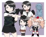  1girl :o bangs black_footwear black_gloves black_hair black_legwear black_ribbon black_shirt blonde_hair blush boots border breast_pocket brown_skirt bulletproof_vest camouflage cosplay cowboy_shot dangan_ronpa:_trigger_happy_havoc dangan_ronpa_(series) enoshima_junko enoshima_junko_(cosplay) flying_sweatdrops frown full_body furukawa_(yomawari) gloves grin hand_up hands_up highres holding holding_knife ikusaba_mukuro knee_boots kneehighs knife medium_hair miniskirt multiple_views neck_ribbon necktie open_mouth pale_skin pleated_skirt pocket polka_dot_neckwear purple_background red_skirt ribbon shiny shiny_hair shirt short_hair simple_background skirt smile teeth twintails v vest white_border white_shirt 