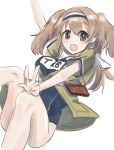  1girl arm_up bangs blue_swimsuit blush breasts brown_eyes brown_hair eyebrows_visible_through_hair hair_between_eyes hairband i-26_(kancolle) jacket kantai_collection large_breasts long_hair multicolored_hairband name_tag nikai_kara_momoshio one-hour_drawing_challenge one-piece_swimsuit open_mouth sailor_collar short_sleeves simple_background solo swimsuit swimsuit_under_clothes two_side_up w white_background white_sailor_collar 