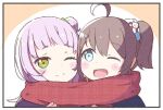  2girls ;) ;d ahoge bangs black_border blue_eyes blush_stickers border brown_eyes brown_hair commentary_request eyebrows_visible_through_hair hair_between_eyes hair_bun hololive multiple_girls murasaki_shion natsuiro_matsuri okota_mikan one_eye_closed open_mouth pink_hair red_scarf scarf shared_scarf side_bun side_ponytail smile virtual_youtuber 