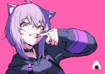  1girl ahoge animal_ear_fluff animal_ears bangs belt_collar cat_ears cat_girl collar crossed_bangs eyebrows_visible_through_hair finger_in_mouth food highres hololive hood hoodie long_sleeves looking_at_viewer nekomata_okayu not_nodu onigiri pink_background purple_hair short_hair solo teeth violet_eyes virtual_youtuber 