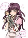  1girl apron bangs blunt_bangs blush breasts character_doll commentary_request cowboy_shot dangan_ronpa_(series) dangan_ronpa_2:_goodbye_despair doll flying_sweatdrops gloves hands_up highres hinata_hajime holding holding_doll long_hair looking_at_object medium_breasts meme_rawness necktie puffy_short_sleeves puffy_sleeves purple_hair short_sleeves simple_background smile solo speech_bubble translation_request tsumiki_mikan violet_eyes wavy_mouth white_apron white_background 