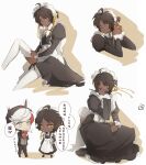  2boys adjusting_clothes adjusting_legwear ahoge apron arknights black_dress black_hair bow bowtie brown_background cellphone chinese_text closed_mouth collar commentary_request crossdressinging dark-skinned_male dark_skin dress dressing elysium_(arknights) eyebrows_visible_through_hair hair_ribbon highres juliet_sleeves long_sleeves maid maid_apron maid_headdress male_focus multiple_boys multiple_views orange_eyes phone puffy_sleeves ribbon short_hair smartphone speech_bubble thigh-highs thorns_(arknights) translation_request walkie-talkie white_background white_collar white_legwear white_neckwear yellow_ribbon yuzuriha_(ryami) 