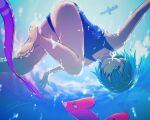  1girl air_bubble bangs bare_arms barefoot blue_eyes blue_hair blue_swimsuit bubble closed_mouth collarbone commentary_request gen_3_pokemon gorebyss hairband highres lana_(pokemon) luvdisc ocean one-piece_swimsuit outstretched_arms pokemon pokemon_(creature) pokemon_(game) pokemon_sm short_hair signature soles swimming swimsuit toes trial_captain underwater water_surface y_(pixiv1616946) yellow_hairband 
