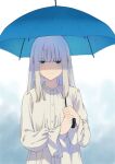  1girl blue_eyes holding holding_umbrella long_hair mattaku_mousuke original shaded_face simple_background solo umbrella upper_body watermark wet white_hair 