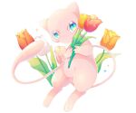  26tumugi blue_eyes commentary_request flower gen_1_pokemon holding holding_flower looking_to_the_side mew mythical_pokemon no_humans orange_flower pokemon pokemon_(creature) simple_background solo sparkle white_background yellow_flower 
