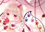  1girl ankle_socks apple bangs black_footwear blonde_hair cacao_(cacaomgmg) commentary_request cravat eyebrows_visible_through_hair fang fingernails flandre_scarlet floral_background food foot_out_of_frame fruit gradient gradient_background hair_ribbon hand_on_own_face heart holding holding_food holding_fruit index_finger_raised leg_up looking_at_viewer lying no_hat no_headwear on_stomach one_side_up petticoat pink_background puffy_short_sleeves puffy_sleeves purple_background red_eyes red_nails red_skirt red_vest ribbon shiny shiny_hair shirt short_hair short_sleeves skin_fang skirt smile solo string string_of_fate touhou vest white_legwear white_shirt wings wrist_cuffs yellow_neckwear 