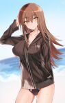  1girl arm_up bad_anatomy bangs black_jacket black_swimsuit blurry blurry_background breasts brown_eyes brown_hair collarbone day depth_of_field drawstring eyebrows_visible_through_hair hair_between_eyes highres hood hood_down hooded_jacket horizon jacket kinona long_hair medium_breasts ocean original outdoors solo swimsuit swimsuit_under_clothes very_long_hair water 