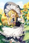  1girl absurdres apron bangs black_dress black_headwear black_vest blonde_hair blurry blurry_background bow braid breasts closed_eyes clouds commentary_request day dress feet_out_of_frame flower frills hair_bow hair_ribbon hands_on_headwear happy hat highres kirisame_marisa light_blush long_hair open_mouth outdoors petticoat puffy_short_sleeves puffy_sleeves purple_bow ribbon short_sleeves single_braid sky small_breasts smile solo standing sunflower touhou tress_ribbon very_long_hair vest waist_apron white_apron witch_hat yellow_flower yokujitsu 