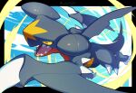  black_border black_sclera border claws colored_sclera commentary_request garchomp gen_4_pokemon glowing glowing_eyes hata4564 highres no_humans open_mouth outside_border pokemon pokemon_(creature) sharp_teeth solo spikes teeth tongue yellow_eyes 