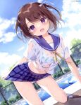  1girl :d absurdres ahoge all_fours blue_bra blue_skirt bra bra_through_clothes breasts brown_hair crop_top day dengeki_moeou dutch_angle hair_ribbon highres looking_at_viewer medium_breasts midriff miniskirt miyasaka_miyu neck_ribbon open_mouth outdoors panties plaid plaid_skirt pleated_skirt poolside ribbon sailor_collar school_uniform see-through serafuku shirt short_hair short_sleeves skirt smile solo sunlight thighs two_side_up underwear violet_eyes wet wet_clothes wet_shirt white_panties white_shirt 