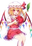  1girl absurdres blonde_hair blush caramell0501 cherry collared_shirt commentary_request crystal feet_out_of_frame flandre_scarlet food frilled_shirt_collar frilled_skirt frills fruit hat hat_ribbon highres holding holding_food long_hair looking_at_viewer mob_cap one_side_up open_mouth puffy_short_sleeves puffy_sleeves red_eyes red_ribbon red_skirt red_vest ribbon shirt short_sleeves simple_background sitting skirt skirt_set solo touhou vest white_background white_headwear white_shirt wings 