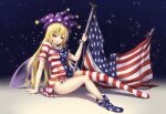  1girl american_flag american_flag_dress american_flag_legwear bangs blonde_hair bow breasts clownpiece cuffs dress fairy_wings fii_fii_(feefeeowo) full_body hat highres jester_cap long_hair looking_at_viewer neck_ruff no_panties pink_eyes polka_dot polka_dot_bow purple_bow purple_headwear short_dress short_sleeves single_thighhigh sitting sky small_breasts solo star_(sky) star_(symbol) star_print starry_sky striped thigh-highs torn_clothes torn_dress touhou uneven_legwear very_long_hair wings 
