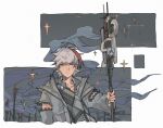  1boy :| arknights blue_eyes closed_mouth coat commentary elysium_(arknights) english_commentary expressionless flag grey_coat grey_hair holding holding_flag holding_staff looking_at_viewer male_focus multicolored_hair night night_sky red_pupils redhead short_hair sky solo sparkle staff star_(sky) streaked_hair tkm_(1322323425) upper_body white_background 