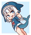  1girl :d animal_hood blue_background blue_eyes blue_hair blue_hoodie blush chibi commentary_request dutch_angle fish_tail gawr_gura hana_kazari hands_up highres hololive hololive_english hood hood_up hoodie looking_at_viewer looking_back multicolored_hair open_mouth paw_pose shark_hood shark_tail sharp_teeth short_sleeves smile solo streaked_hair tail teeth two-tone_background white_background white_hair wide_sleeves 