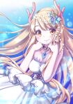  1girl antlers bangs bare_arms blonde_hair blush breasts brown_eyes commentary_request dress eyebrows_visible_through_hair gem hair_ornament jewelry long_hair looking_at_viewer medium_breasts necklace ro_(igris-geo) smile solo strapless strapless_dress virtual_youtuber white_dress 