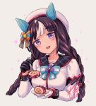 1girl animal_ears asymmetrical_gloves beret black_gloves blush bow bowtie braid breasts brown_hair cake cropped_torso ear_covers food fork gloves grey_background hair_bow hat hokko_tarumae_(umamusume) holding holding_fork holding_plate horse_ears jacket long_hair long_sleeves looking_at_viewer low_twin_braids medium_breasts mismatched_gloves multicolored_hair open_mouth plate simple_background smile solo sparkle streaked_hair swiss_roll twin_braids umamusume unajiru upper_body violet_eyes white_gloves white_headwear white_jacket